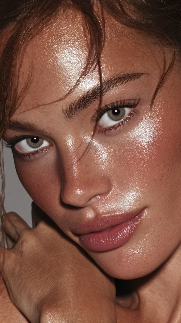 Dewy freckled skin catching low afternoon light.