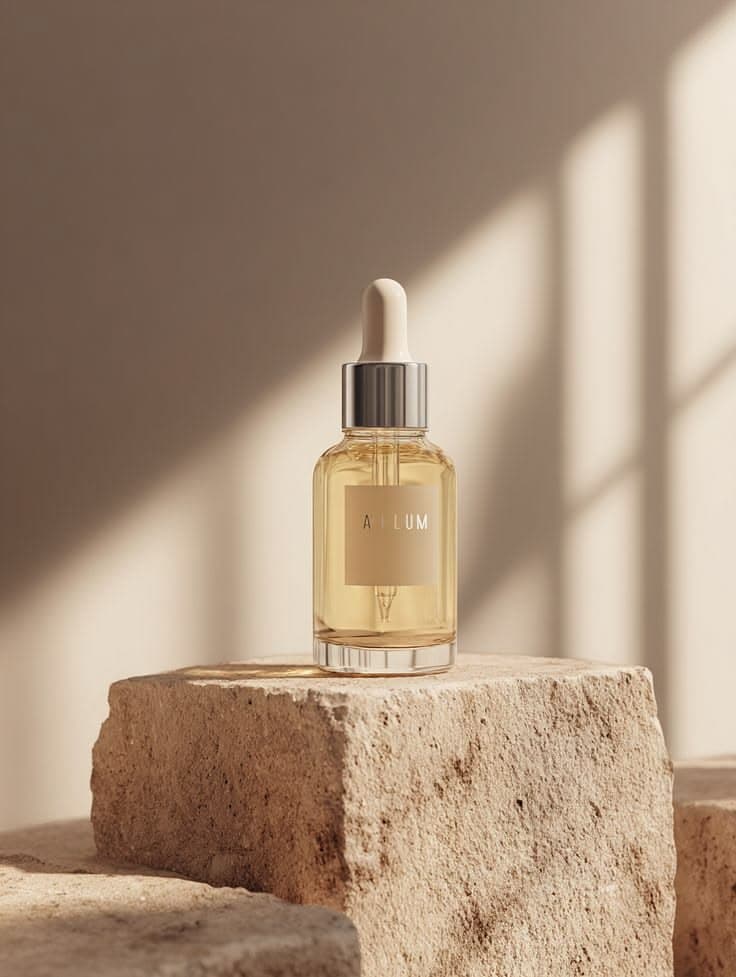 A clear serum bottle on a limestone block with hard window shadows behind it.