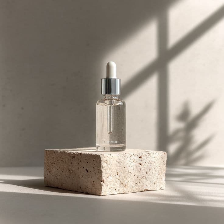 A clear glass dropper bottle standing on a pale travertine block in window light.