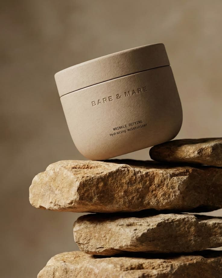 A taupe stone coloured jar resting at an angle on stacked flat rocks.