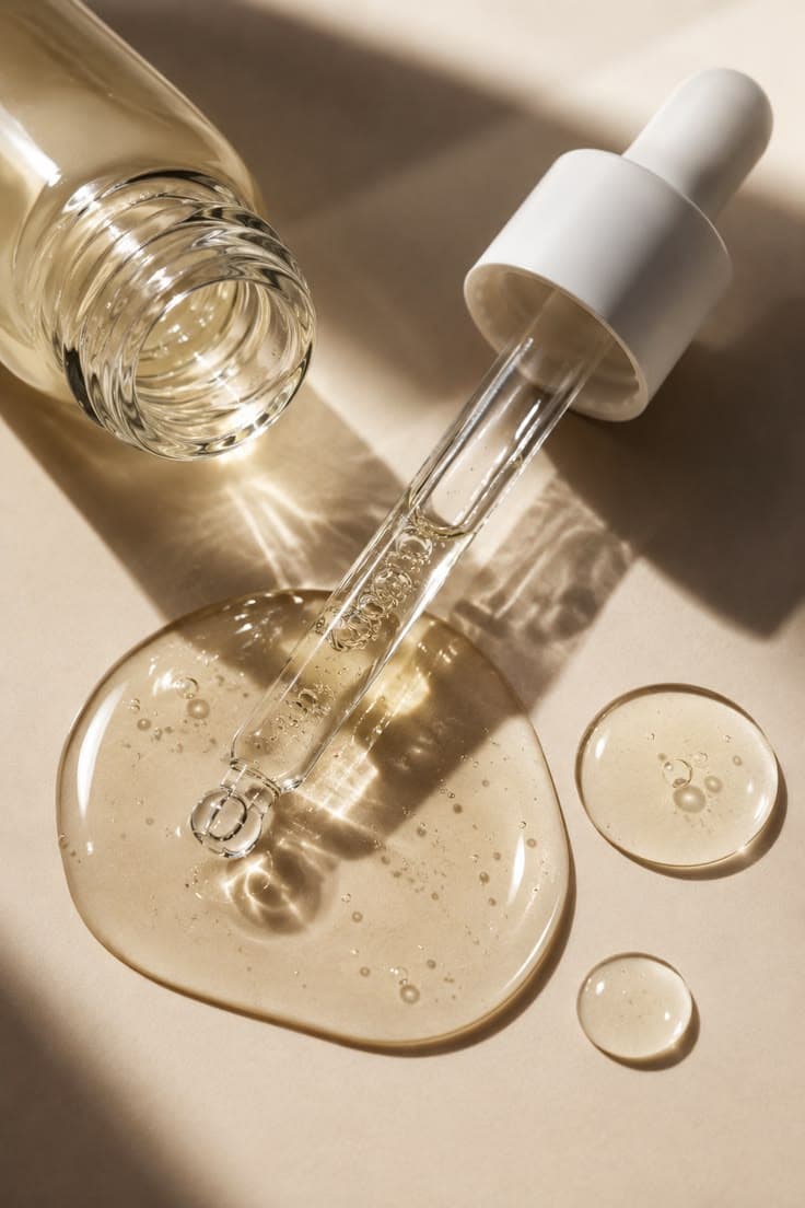 A dropper resting on a beige surface beside a pool of golden serum and two scattered drops.