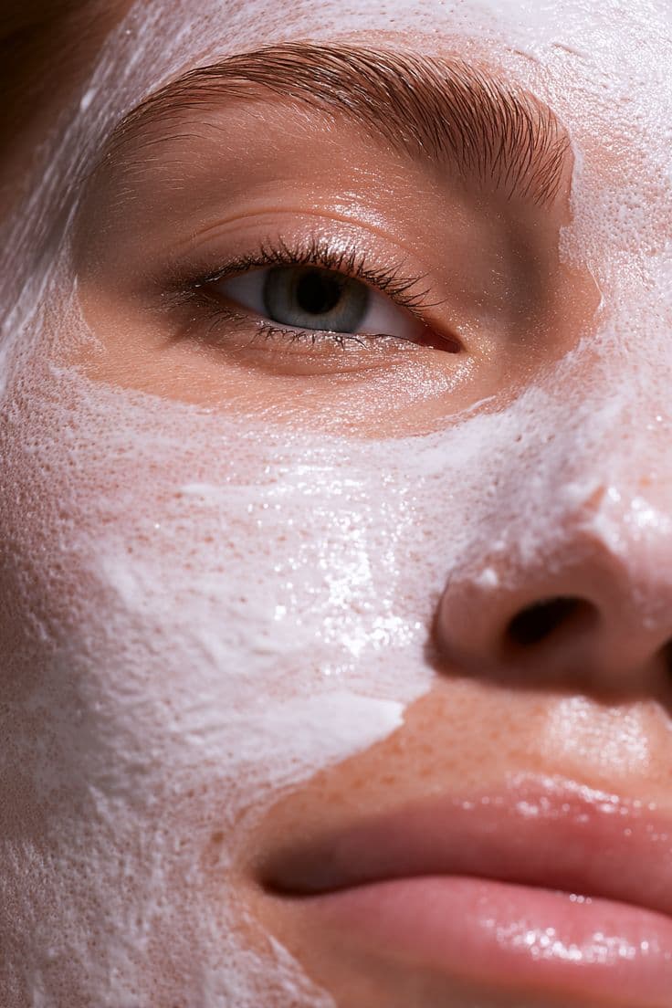 Close view of a cleanser worked into a light foam across a cheek and brow.