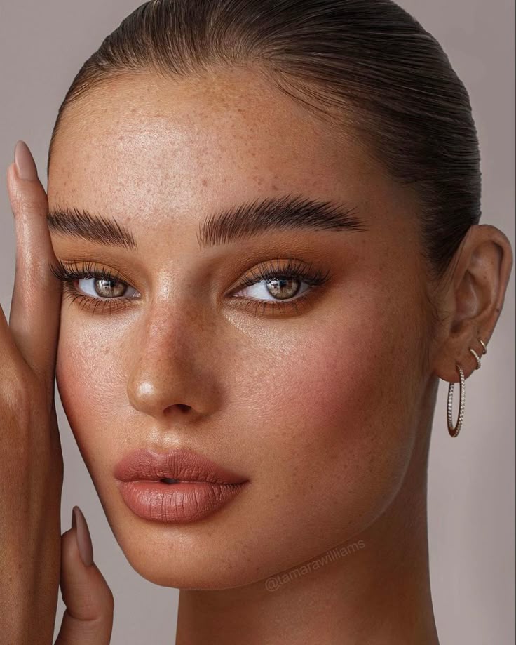 A lit portrait of glowing, even skin with freckles, a hand raised to the cheek and a gold hoop earring.