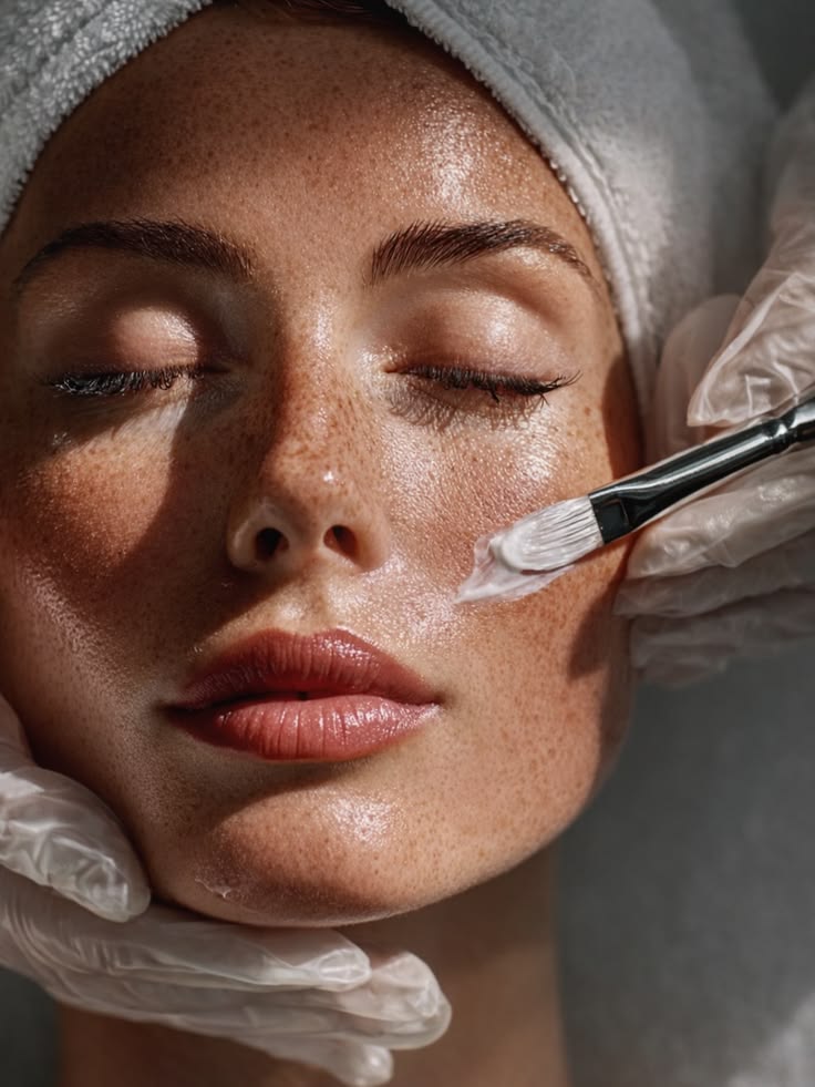 A gloved hand applying product with a flat brush to a face wrapped in a towel.