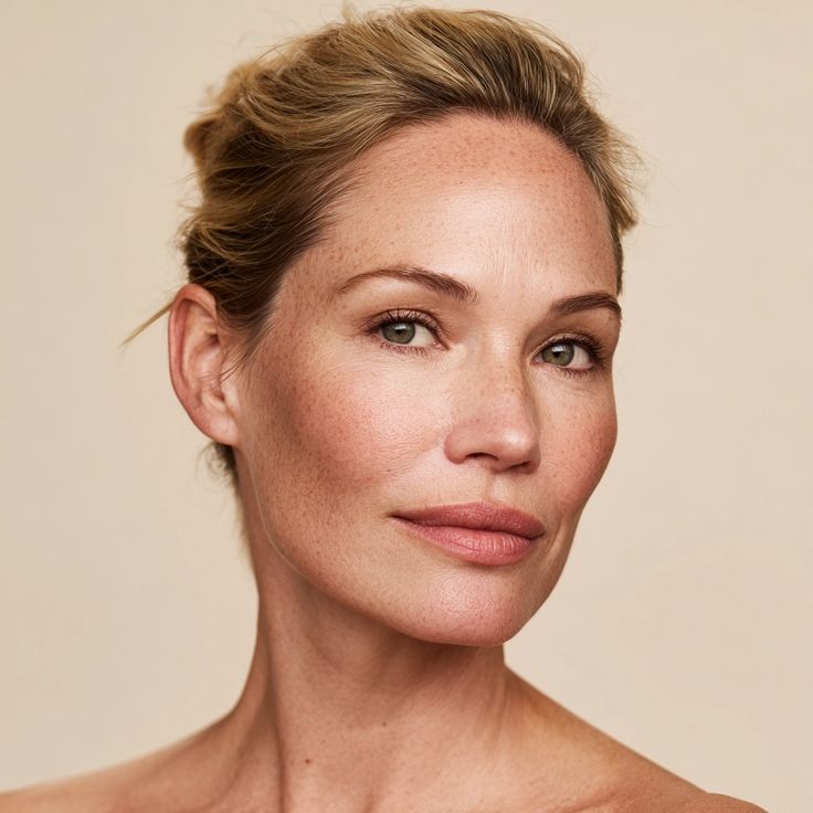 Portrait of a woman with freckles and her hair tied back, against a warm neutral ground.